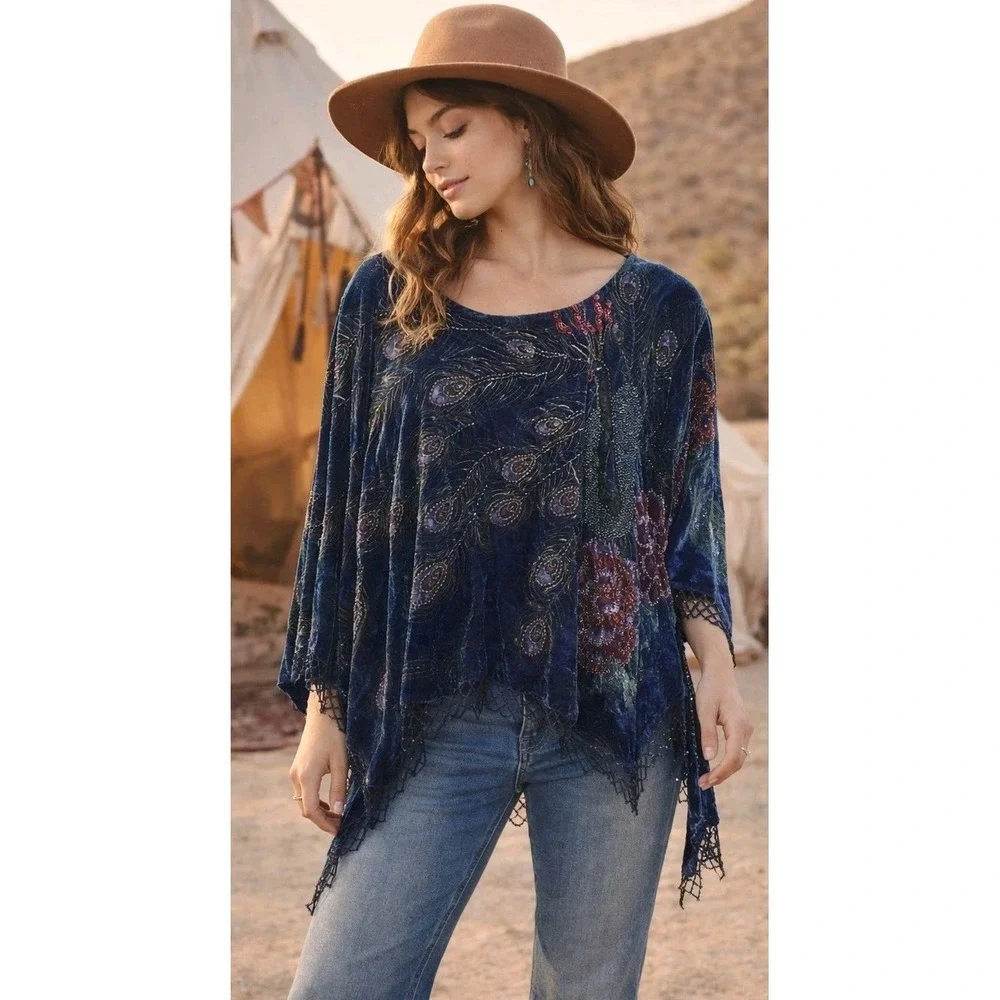 Vtg Ania A Peacock Velvet Beaded Boho Top‎ OS Festival Artwear Handkerchief Hem